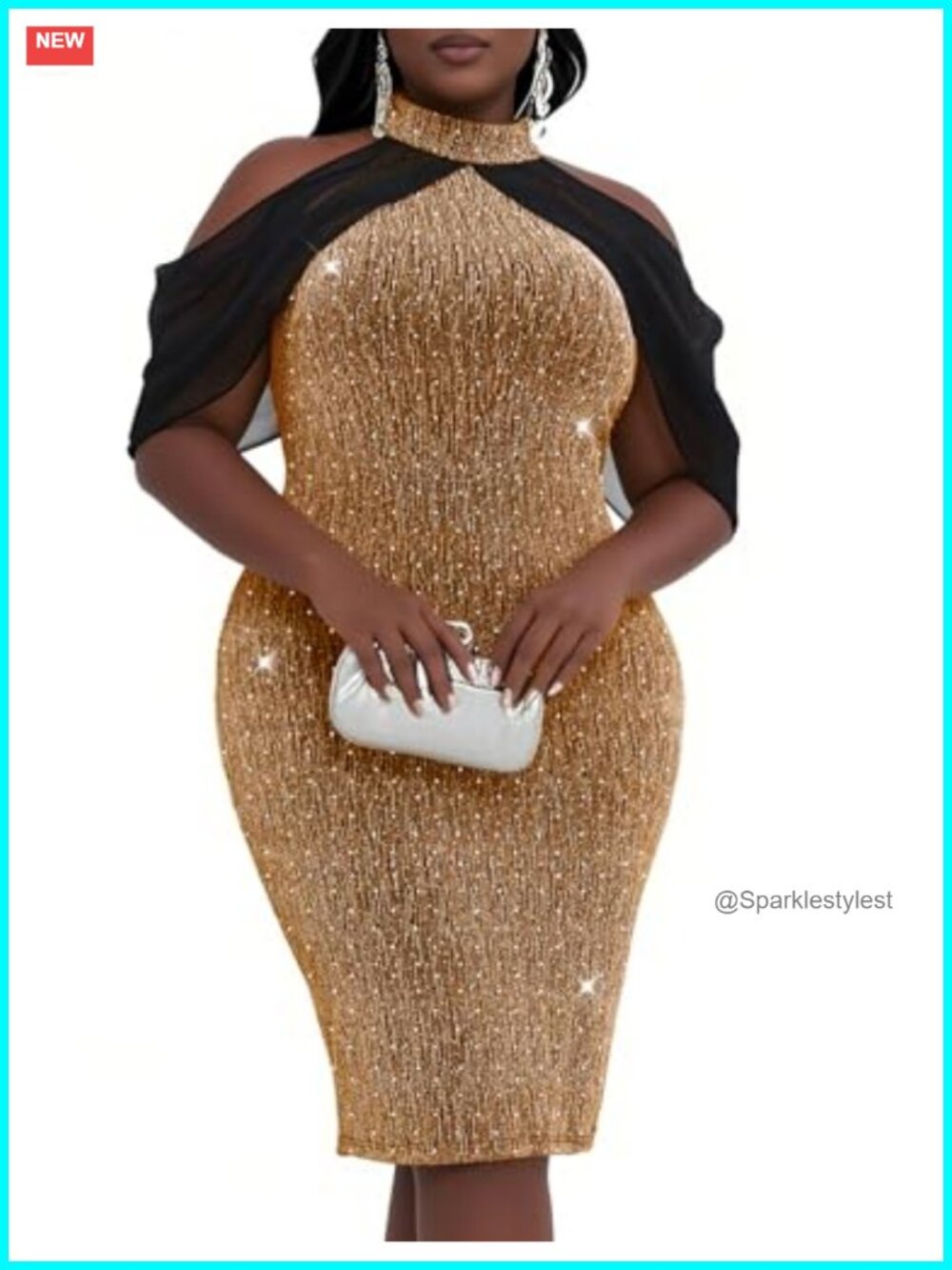 Plus Size Rhinestone Bodycon Halter Neck Cape Dress Knee Length Cocktail Party